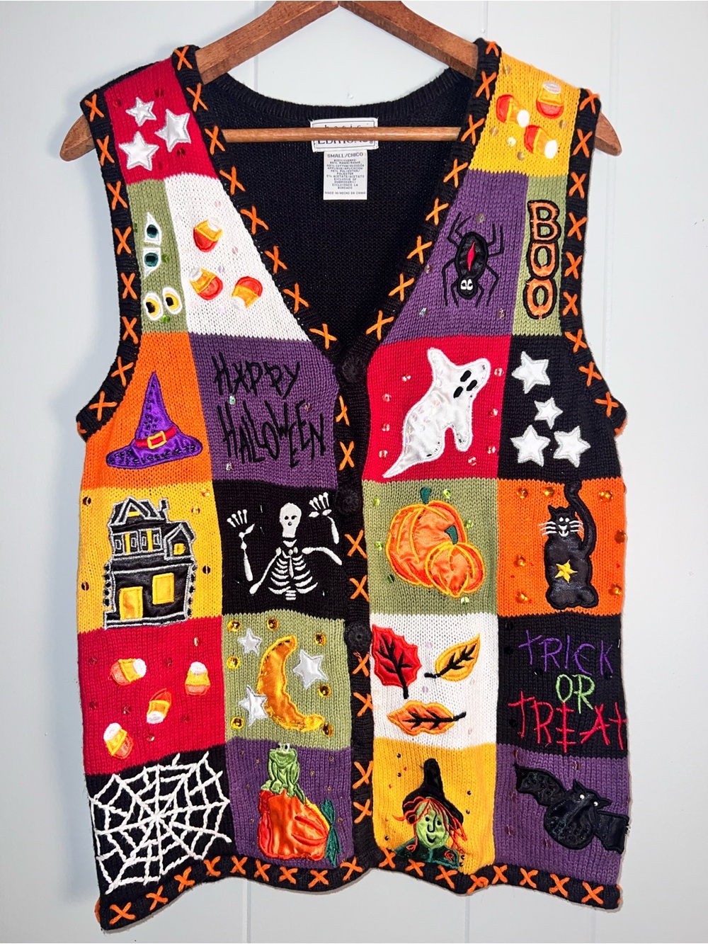 Vintage 90’s Halloween Patchwork Knit Vest Novelty Witch Ghost Pumpkin Sweater S